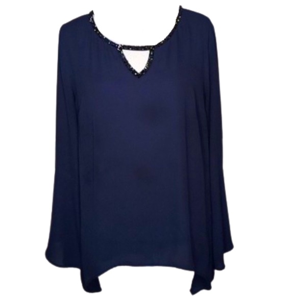 JUICY COUTURE Blue Bell Sleeve Rhinestone Asymmetric Shark-Bite Hem Top Medium - Picture 2 of 7